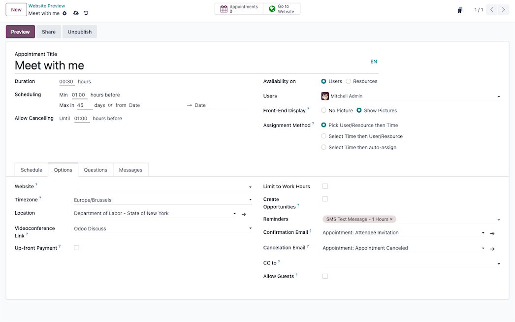 Appointments loaded with options